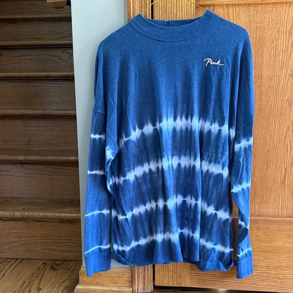 PINK Victoria's Secret Navy and White Tie-Dye Crewneck Sweater